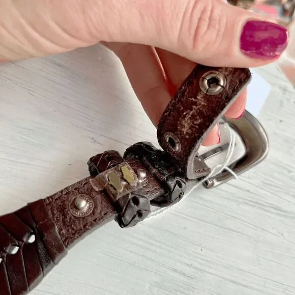 Vintage Brown Leather Braided Woven Belt UNISEX Silver-Plate Buckle, SZ 28 - Picture 5 of 9